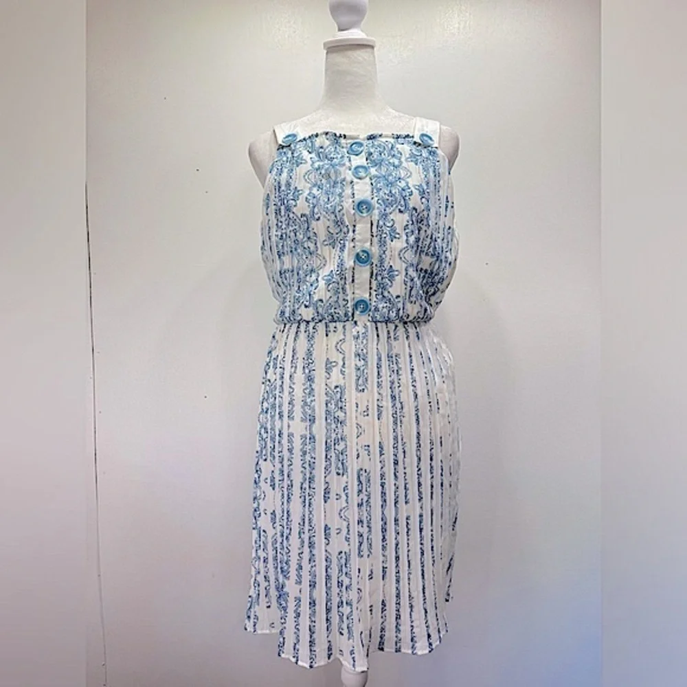 Blue & Ivory Pleated Plisse Skirt Dress KAS ModCloth Cottagecore Boho Milkmaid